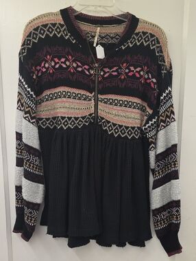 🍁Free People Cabin Fever Fair Isle Zip Sweater Black Metallic Boho S